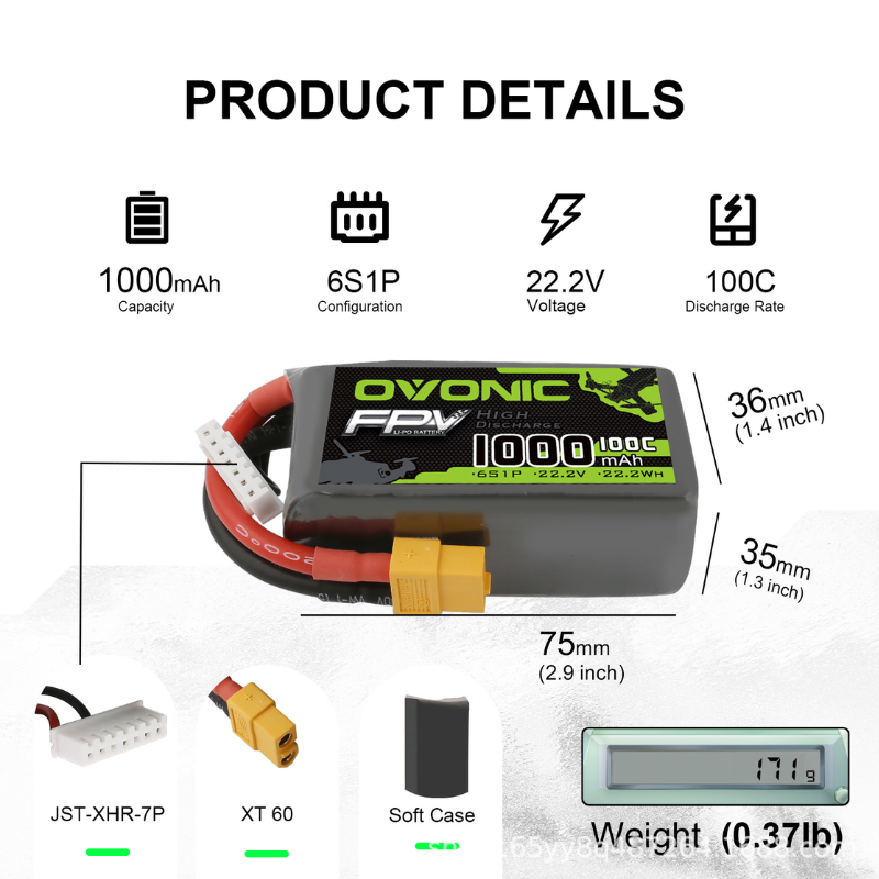 بطاريتان ليثيوم بوليمر OVONIC  - مراجعة Drone Battery 6S وسعره